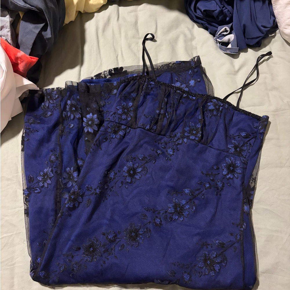 Poetry Royal Blue Maxi Dress with Black Floral Lace Overlay
